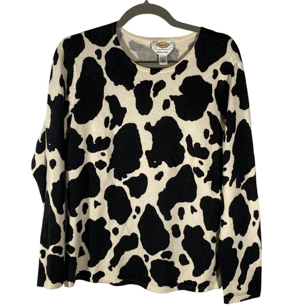 Talbots Womens Cashmere silk Blend fine knit Cow Print Sweater L Black/Beige